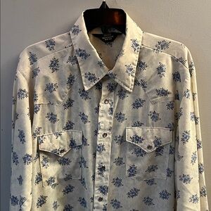Vintage Sears Western Wear pearl buttons blue flowers tall extra large 17-17.5 👽